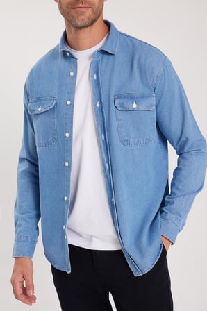 Erkek Relax Fit Rahat Kesim Spor Yaka Çift Cep Kapaklı Denim Gömlek