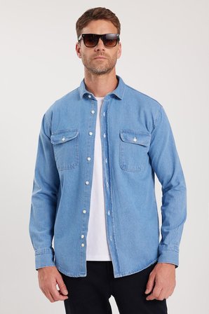 Erkek Relax Fit Rahat Kesim Spor Yaka Çift Cep Kapaklı Denim Gömlek
