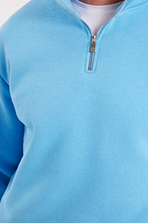 Unisex Relax Fit Rahat Kesim Pamuklu İçi Polarlı Yarım Fermuarlı Mavi Dik Yaka Sweatshirt