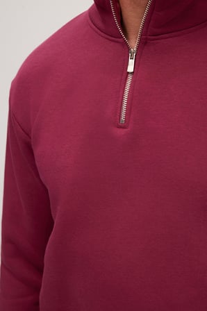 Unisex Relax Fit Rahat Kesim Pamuklu İçi Polarlı Yarım Fermuarlı Fuşya Dik Yaka Sweatshirt