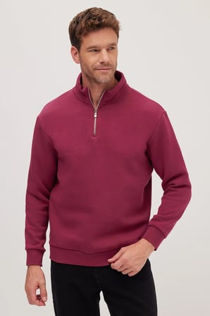 Unisex Relax Fit Rahat Kesim Pamuklu İçi Polarlı Yarım Fermuarlı Fuşya Dik Yaka Sweatshirt