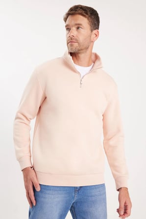 Unisex Relax Fit Rahat Kesim Pamuklu İçi Polarlı Yarım Fermuarlı Somon Dik Yaka Sweatshirt