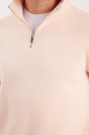 Unisex Relax Fit Rahat Kesim Pamuklu İçi Polarlı Yarım Fermuarlı Somon Dik Yaka Sweatshirt