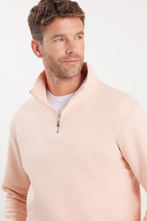 Unisex Relax Fit Rahat Kesim Pamuklu İçi Polarlı Yarım Fermuarlı Somon Dik Yaka Sweatshirt