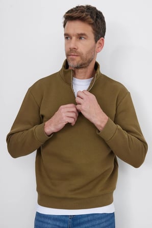Unisex Relax Fit Rahat Kesim Pamuklu İçi Polarlı Yarım Fermuarlı Yeşil Dik Yaka Sweatshirt