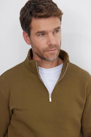 Unisex Relax Fit Rahat Kesim Pamuklu İçi Polarlı Yarım Fermuarlı Yeşil Dik Yaka Sweatshirt