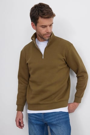 Unisex Relax Fit Rahat Kesim Pamuklu İçi Polarlı Yarım Fermuarlı Yeşil Dik Yaka Sweatshirt
