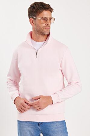 Unisex Relax Fit Rahat Kesim Pamuklu İçi Polarlı Yarım Fermuarlı Pembe Dik Yaka Sweatshirt