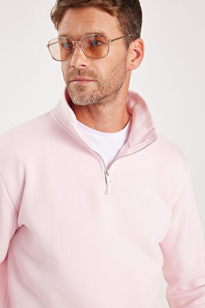 Unisex Relax Fit Rahat Kesim Pamuklu İçi Polarlı Yarım Fermuarlı Pembe Dik Yaka Sweatshirt