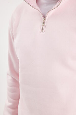 Unisex Relax Fit Rahat Kesim Pamuklu İçi Polarlı Yarım Fermuarlı Pembe Dik Yaka Sweatshirt