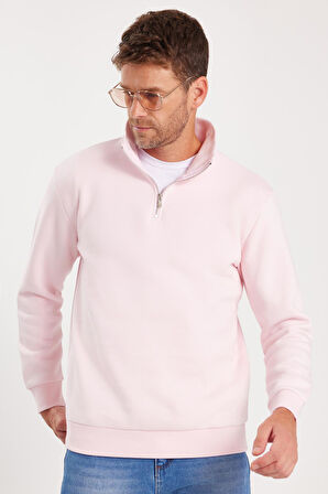 Unisex Relax Fit Rahat Kesim Pamuklu İçi Polarlı Yarım Fermuarlı Pembe Dik Yaka Sweatshirt