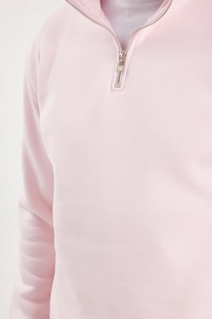 Unisex Relax Fit Rahat Kesim Pamuklu İçi Polarlı Yarım Fermuarlı Pembe Dik Yaka Sweatshirt