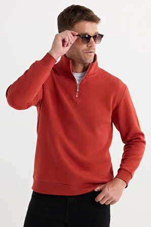 Unisex Relax Fit Rahat Kesim Pamuklu İçi Polarlı Yarım Fermuarlı Kırmızı Dik Yaka Sweatshirt