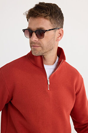 Unisex Relax Fit Rahat Kesim Pamuklu İçi Polarlı Yarım Fermuarlı Kırmızı Dik Yaka Sweatshirt