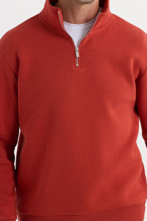 Unisex Relax Fit Rahat Kesim Pamuklu İçi Polarlı Yarım Fermuarlı Kırmızı Dik Yaka Sweatshirt