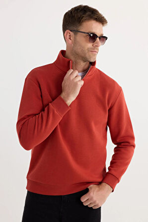 Unisex Relax Fit Rahat Kesim Pamuklu İçi Polarlı Yarım Fermuarlı Kırmızı Dik Yaka Sweatshirt
