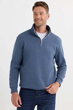 Unisex Relax Fit Rahat Kesim Pamuklu İçi Polarlı Yarım Fermuarlı Mavi Dik Yaka Sweatshirt