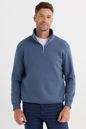 Unisex Relax Fit Rahat Kesim Pamuklu İçi Polarlı Yarım Fermuarlı Mavi Dik Yaka Sweatshirt