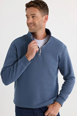 Unisex Relax Fit Rahat Kesim Pamuklu İçi Polarlı Yarım Fermuarlı Mavi Dik Yaka Sweatshirt