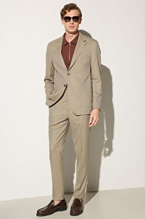 Erkek Regular Fit Vizon Esnek Likralı Kumaş Mono Yaka Torba Cepli Takım Elbise