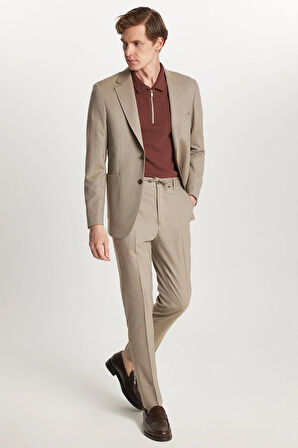 Erkek Regular Fit Vizon Esnek Likralı Kumaş Mono Yaka Torba Cepli Takım Elbise