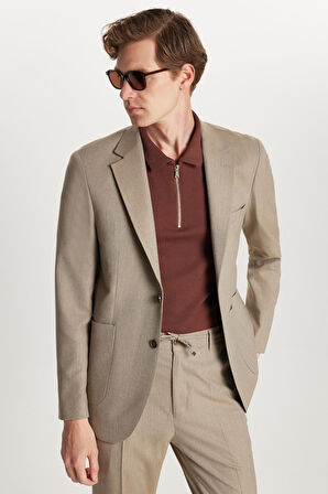 Erkek Regular Fit Vizon Esnek Likralı Kumaş Mono Yaka Torba Cepli Takım Elbise