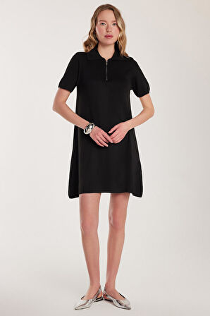 Kadın Standart Fit Kısa Kollu Fermuarlı Gömlek Yaka Siyah Elbise