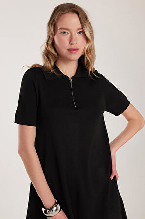 Kadın Standart Fit Kısa Kollu Fermuarlı Gömlek Yaka Siyah Elbise