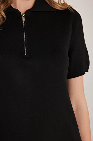 Kadın Standart Fit Kısa Kollu Fermuarlı Gömlek Yaka Siyah Elbise