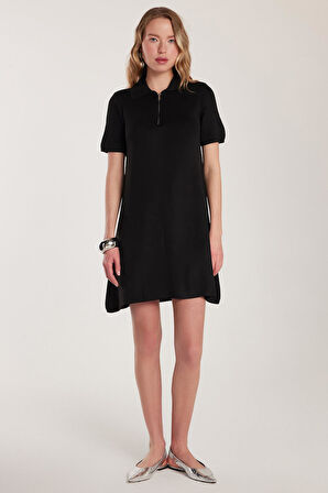 Kadın Standart Fit Kısa Kollu Fermuarlı Gömlek Yaka Siyah Elbise