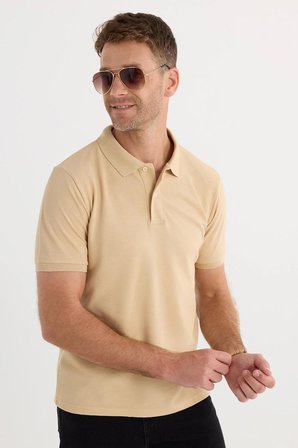 Erkek Slim Fit Dar Kesim Pamuklu Yumuşak Dokulu Serin Tutan Kumaş Düz Pike Kum Beji Polo Yaka Tişört