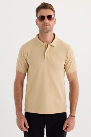 Erkek Slim Fit Dar Kesim Pamuklu Yumuşak Dokulu Serin Tutan Kumaş Düz Pike Kum Beji Polo Yaka Tişört