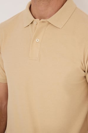 Erkek Slim Fit Dar Kesim Pamuklu Yumuşak Dokulu Serin Tutan Kumaş Düz Pike Kum Beji Polo Yaka Tişört