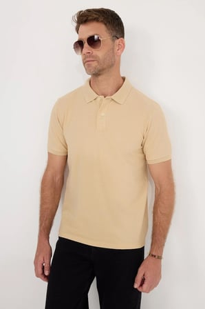 Erkek Slim Fit Dar Kesim Pamuklu Yumuşak Dokulu Serin Tutan Kumaş Düz Pike Kum Beji Polo Yaka Tişört