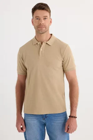 Erkek Slim Fit Dar Kesim Pamuklu Yumuşak Dokulu Serin Tutan Kumaş Düz Pike Bej Polo Yaka Tişört
