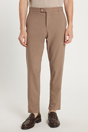 Erkek Slim Fit Dar Kesim Esnek Yan Cepli Bilek Boy Canvas Kesim Kahverengi Pantolon