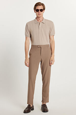 Erkek Slim Fit Dar Kesim Esnek Yan Cepli Bilek Boy Canvas Kesim Kahverengi Pantolon