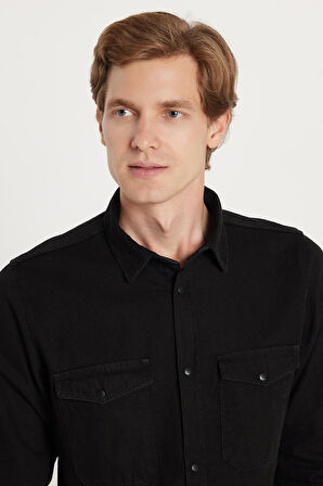 Erkek Slim Fit Dar Kesim Uzun Kollu Denim Kot Çift Cep Çıtçıtlı Siyah Gömlek