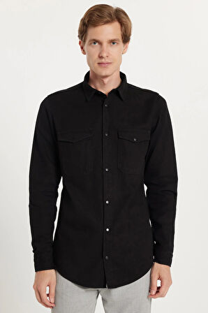 Erkek Slim Fit Dar Kesim Uzun Kollu Denim Kot Çift Cep Çıtçıtlı Siyah Gömlek