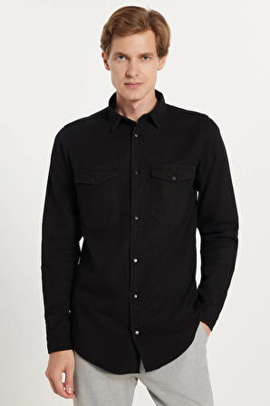 Erkek Slim Fit Dar Kesim Uzun Kollu Denim Kot Çift Cep Çıtçıtlı Siyah Gömlek