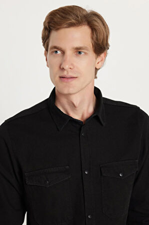 Erkek Slim Fit Dar Kesim Uzun Kollu Denim Kot Çift Cep Çıtçıtlı Siyah Gömlek