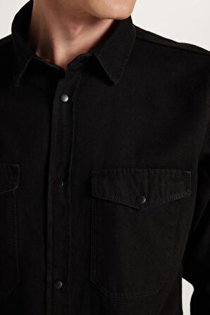 Erkek Slim Fit Dar Kesim Uzun Kollu Denim Kot Çift Cep Çıtçıtlı Siyah Gömlek