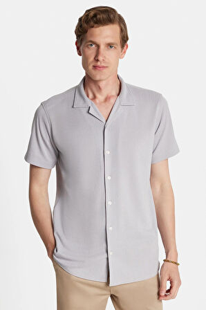 Erkek Slim Fit Yazlık Örme Dokulu Kısa Kollu Apaş Yaka Gri Gömlek
