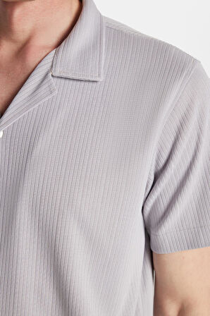 Erkek Slim Fit Yazlık Örme Dokulu Kısa Kollu Apaş Yaka Gri Gömlek