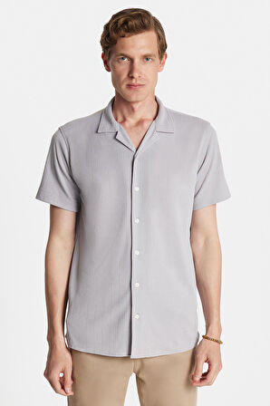 Erkek Slim Fit Yazlık Örme Dokulu Kısa Kollu Apaş Yaka Gri Gömlek