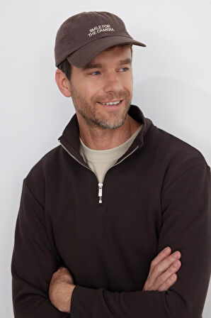 Unisex Relax Fit Rahat Kesim Pamuklu İçi Polarlı Yarım Fermuarlı Kahverengi Dik Yaka Sweatshirt