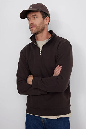 Unisex Relax Fit Rahat Kesim Pamuklu İçi Polarlı Yarım Fermuarlı Kahverengi Dik Yaka Sweatshirt