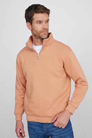 Unisex Relax Fit Rahat Kesim Pamuklu İçi Polarlı Yarım Fermuarlı Yavruağzı Dik Yaka Sweatshirt
