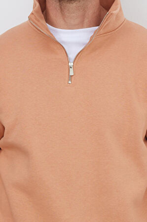 Unisex Relax Fit Rahat Kesim Pamuklu İçi Polarlı Yarım Fermuarlı Yavruağzı Dik Yaka Sweatshirt
