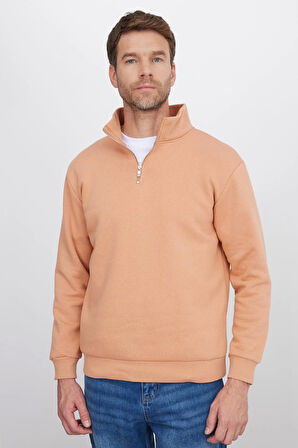 Unisex Relax Fit Rahat Kesim Pamuklu İçi Polarlı Yarım Fermuarlı Yavruağzı Dik Yaka Sweatshirt